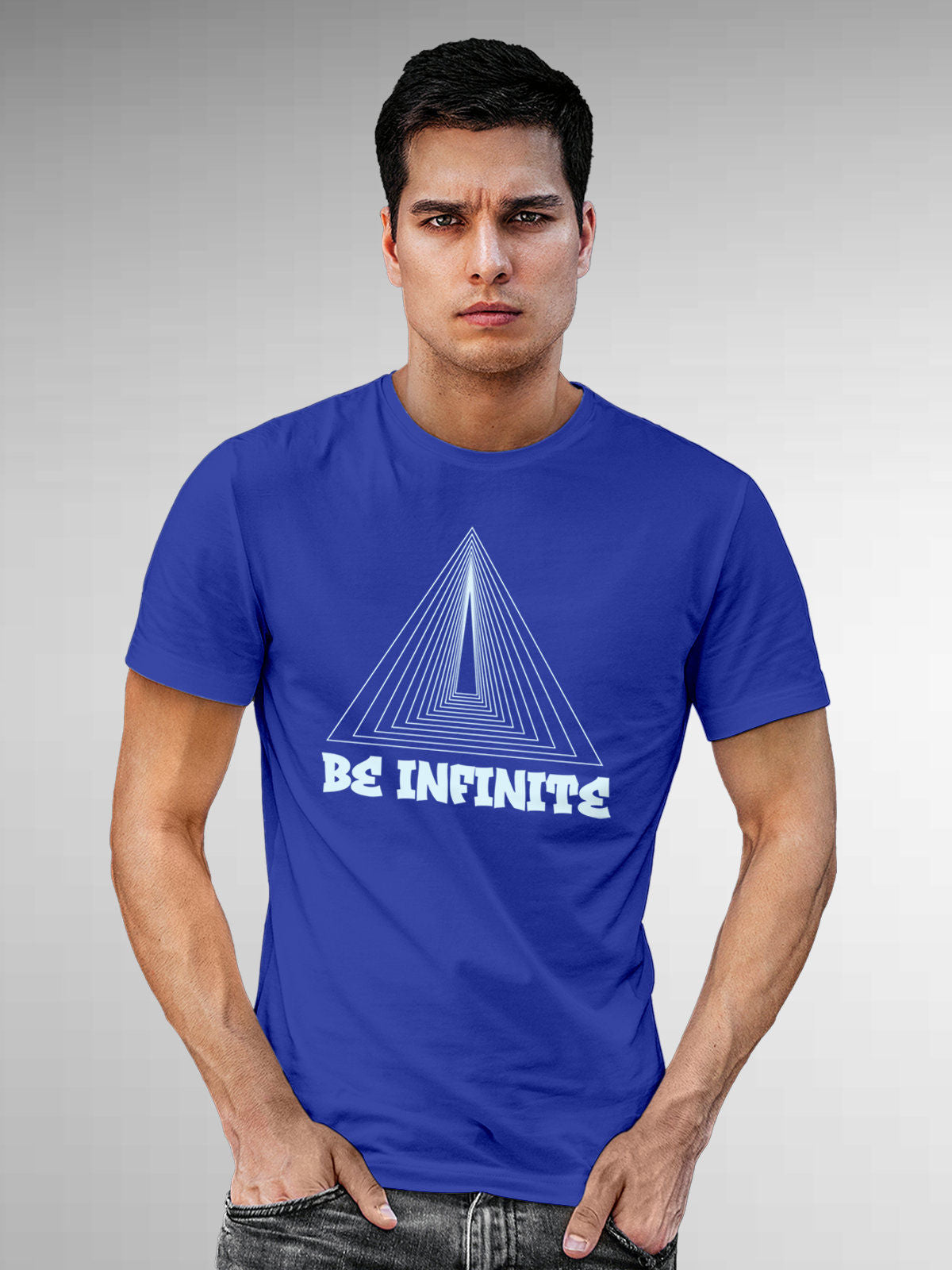 Model wearing Men's Blue Round Neck T-shirt with 'Be Infinite' design, offering effortless style and premium comfort