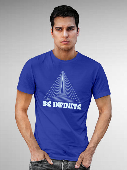 Model wearing Men's Blue Round Neck T-shirt with 'Be Infinite' design, offering effortless style and premium comfort