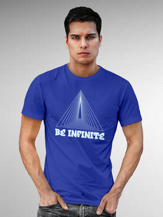 Model wearing Men's Blue Round Neck T-shirt with 'Be Infinite' design, offering effortless style and premium comfort