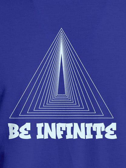 Close up of 'Be Infinite' design on Men's Blue Round Neck T-shirt, highlighting intricate details and vibrant print.