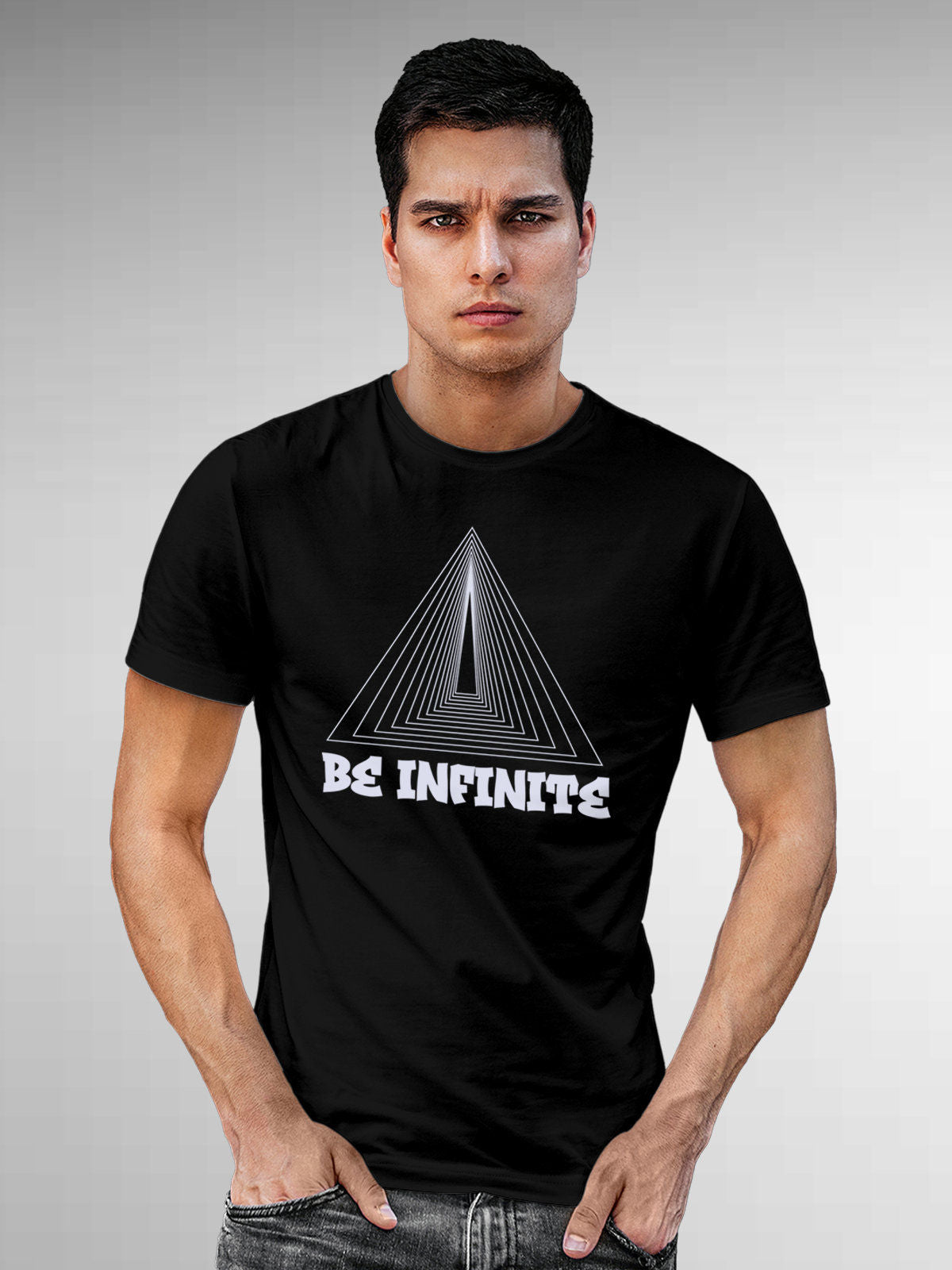 Model wearing Men's Black Round Neck T-shirt with 'Be Infinite' design, offering effortless style and premium comfort