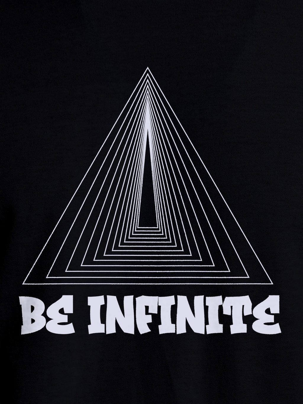 Close up of 'Be Infinite' design on Men's Black Round Neck T-shirt, highlighting intricate details and vibrant print.