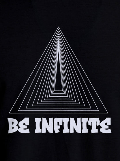 Close up of 'Be Infinite' design on Men's Black Round Neck T-shirt, highlighting intricate details and vibrant print.
