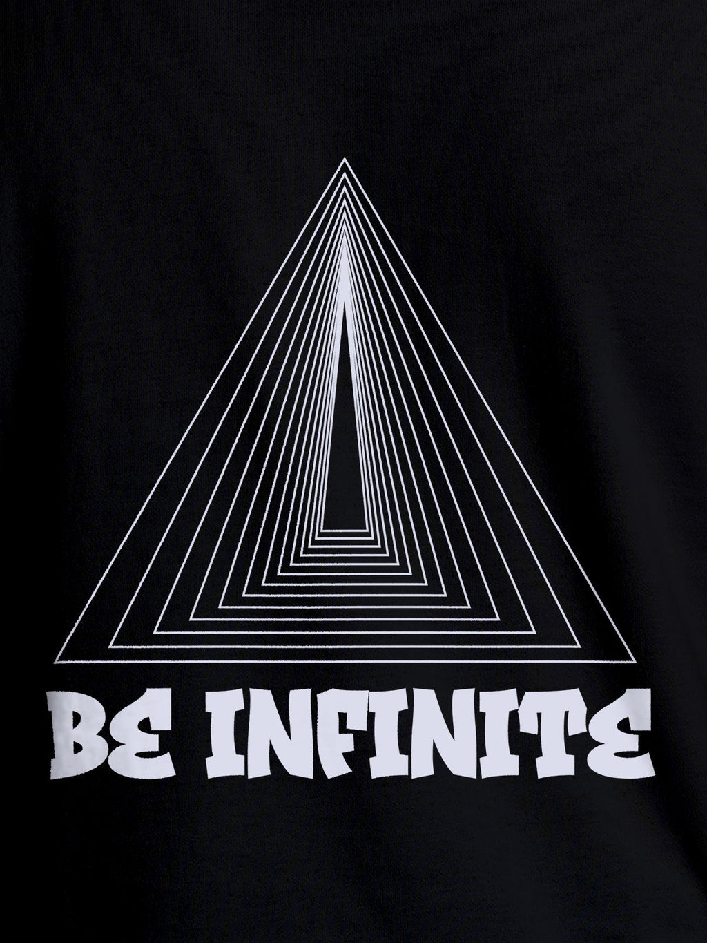 Close up of 'Be Infinite' design on Women's Black Round Neck T-shirt, highlighting intricate details and vibrant print.