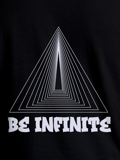 Close up of 'Be Infinite' design on Women's Black Round Neck T-shirt, highlighting intricate details and vibrant print.