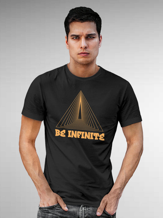 Model wearing Men's Dark Grey Round Neck T-shirt with 'Be Infinite' design, offering effortless style and premium comfort