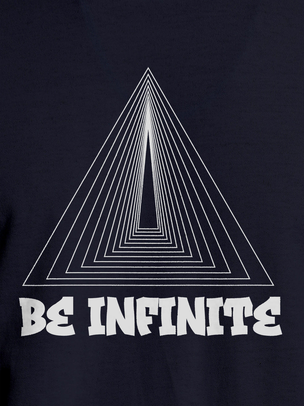 Close up of 'Be Infinite' design on Men's Navy Blue Round Neck T-shirt, highlighting intricate details and vibrant print.