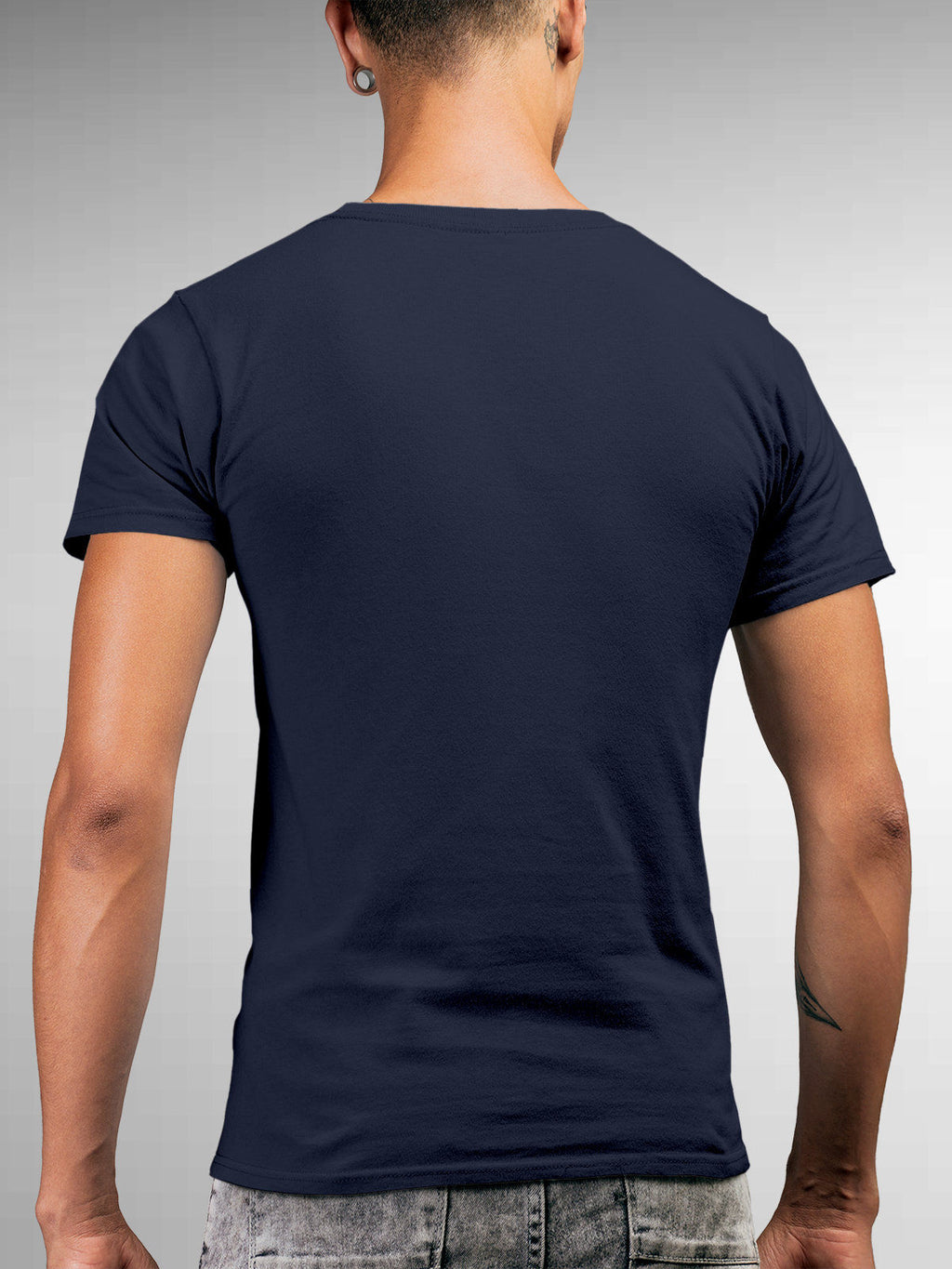 Back view of Fighterhero Men's Navy Blue Round Neck T-shirt, highlighting the modern look and clean finish