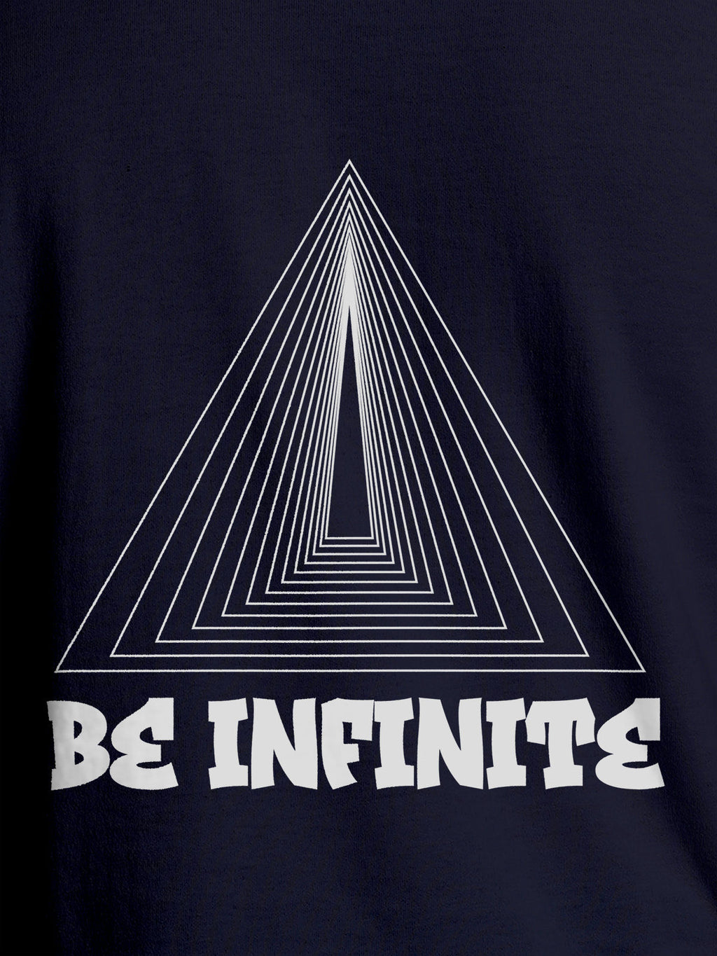 Close up of 'Be Infinite' design on Women's Navy Blue Round Neck T-shirt, highlighting intricate details and vibrant print.