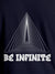 Close up of 'Be Infinite' design on Women's Navy Blue Round Neck T-shirt, highlighting intricate details and vibrant print.