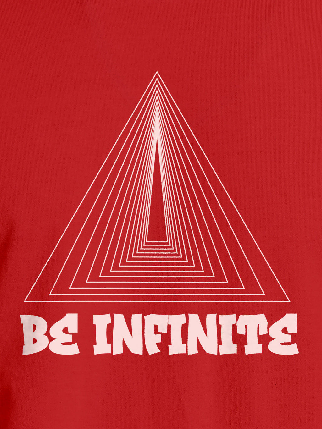 Close up of 'Be Infinite' design on Men's Red Round Neck T-shirt, highlighting intricate details and vibrant print.