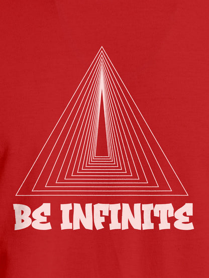 Close up of 'Be Infinite' design on Men's Red Round Neck T-shirt, highlighting intricate details and vibrant print.