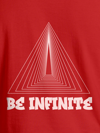 Close up of 'Be Infinite' design on Women's Red Round Neck T-shirt, highlighting intricate details and vibrant print.