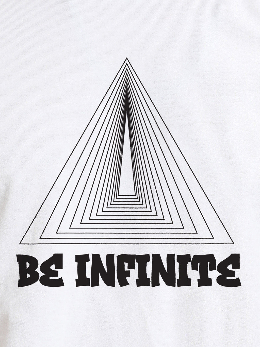 Close up of 'Be Infinite' design on Men's White Round Neck T-shirt, highlighting intricate details and vibrant print.