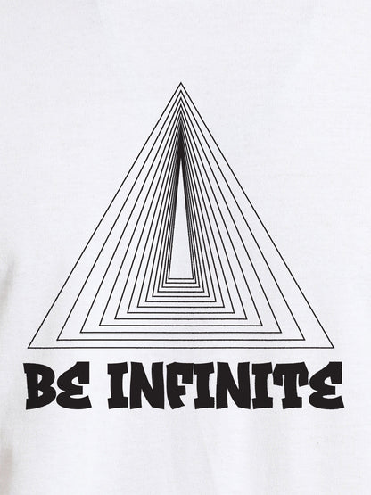 Close up of 'Be Infinite' design on Men's White Round Neck T-shirt, highlighting intricate details and vibrant print.