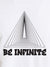 Close up of 'Be Infinite' design on Men's White Round Neck T-shirt, highlighting intricate details and vibrant print.