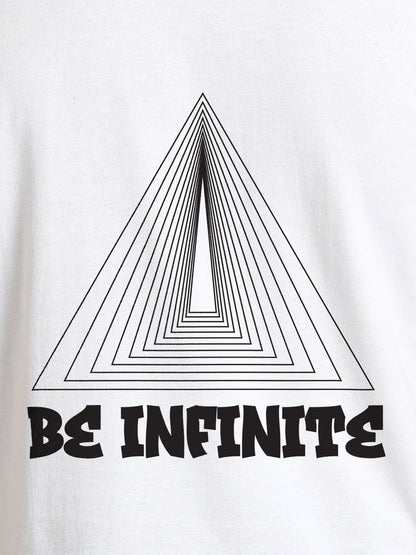 Close up of 'Be Infinite' design on Women's White Round Neck T-shirt, highlighting intricate details and vibrant print.
