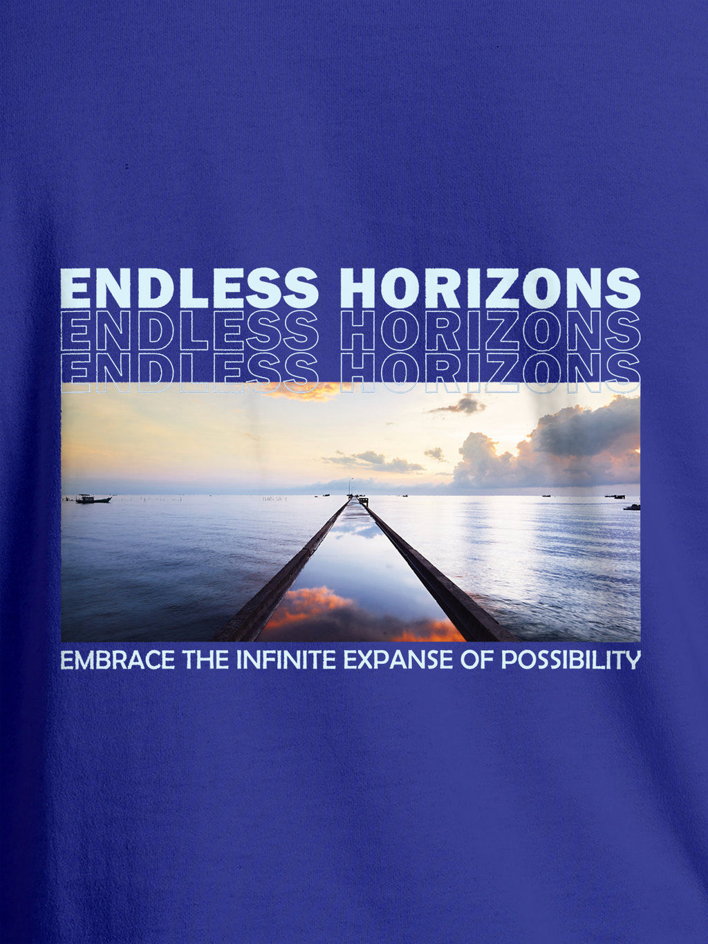 Close up of 'Endless Horizons' design on Men's Blue Round Neck T-shirt, highlighting intricate details and vibrant print.
