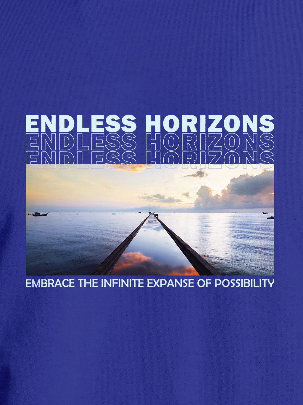 Close up of 'Endless Horizons' design on Women's Blue Round Neck T-shirt, highlighting intricate details and vibrant print.
