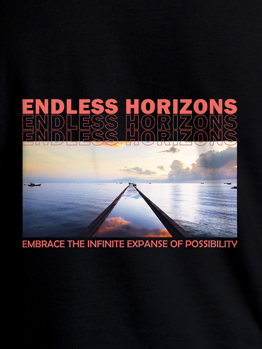 Close up of 'Endless Horizons' design on Men's Black Round Neck T-shirt, highlighting intricate details and vibrant print.