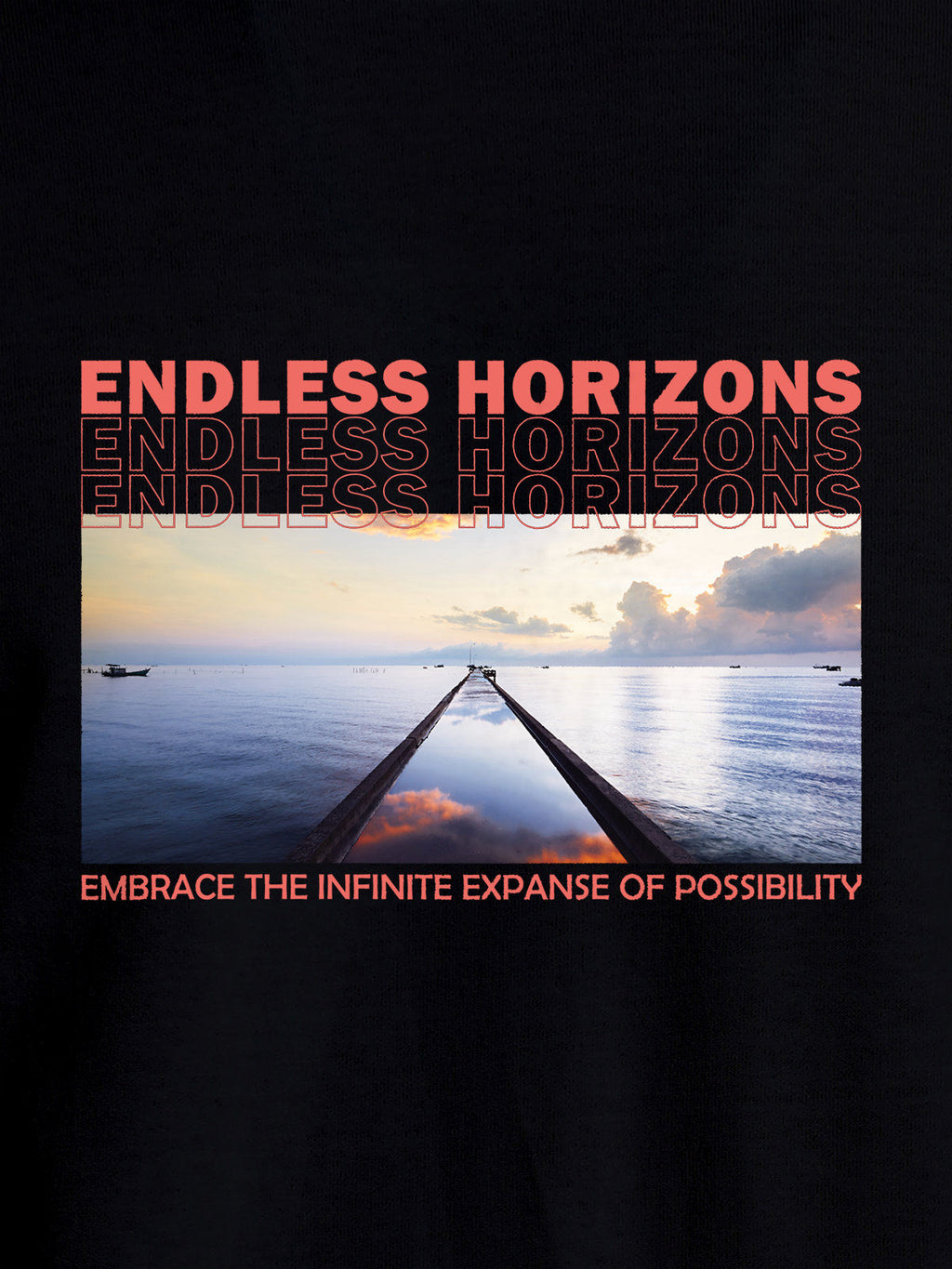 Close up of 'Endless Horizons' design on Women's Black Round Neck T-shirt, highlighting intricate details and vibrant print.
