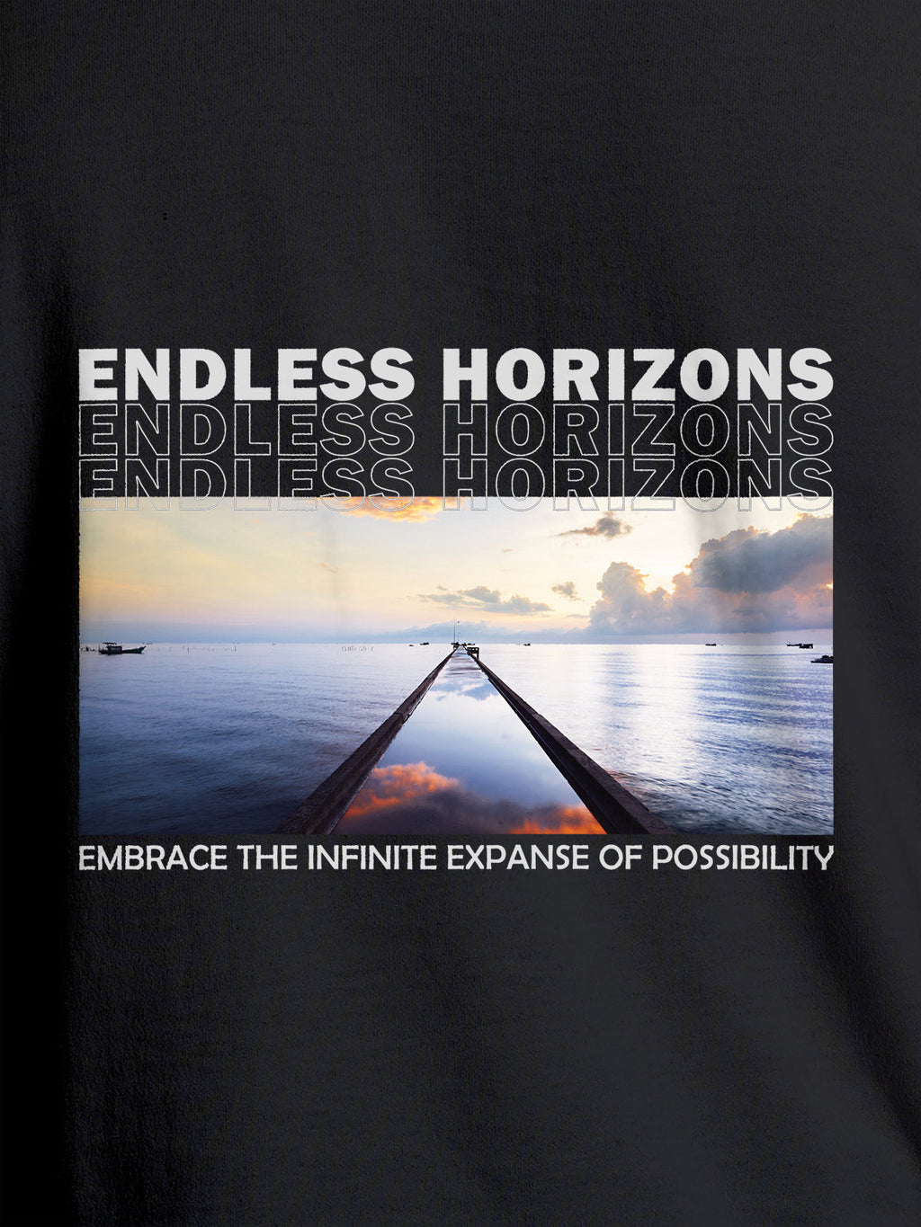 Close up of 'Endless Horizons' design on Men's Dark Grey Round Neck T-shirt, highlighting intricate details and vibrant print.
