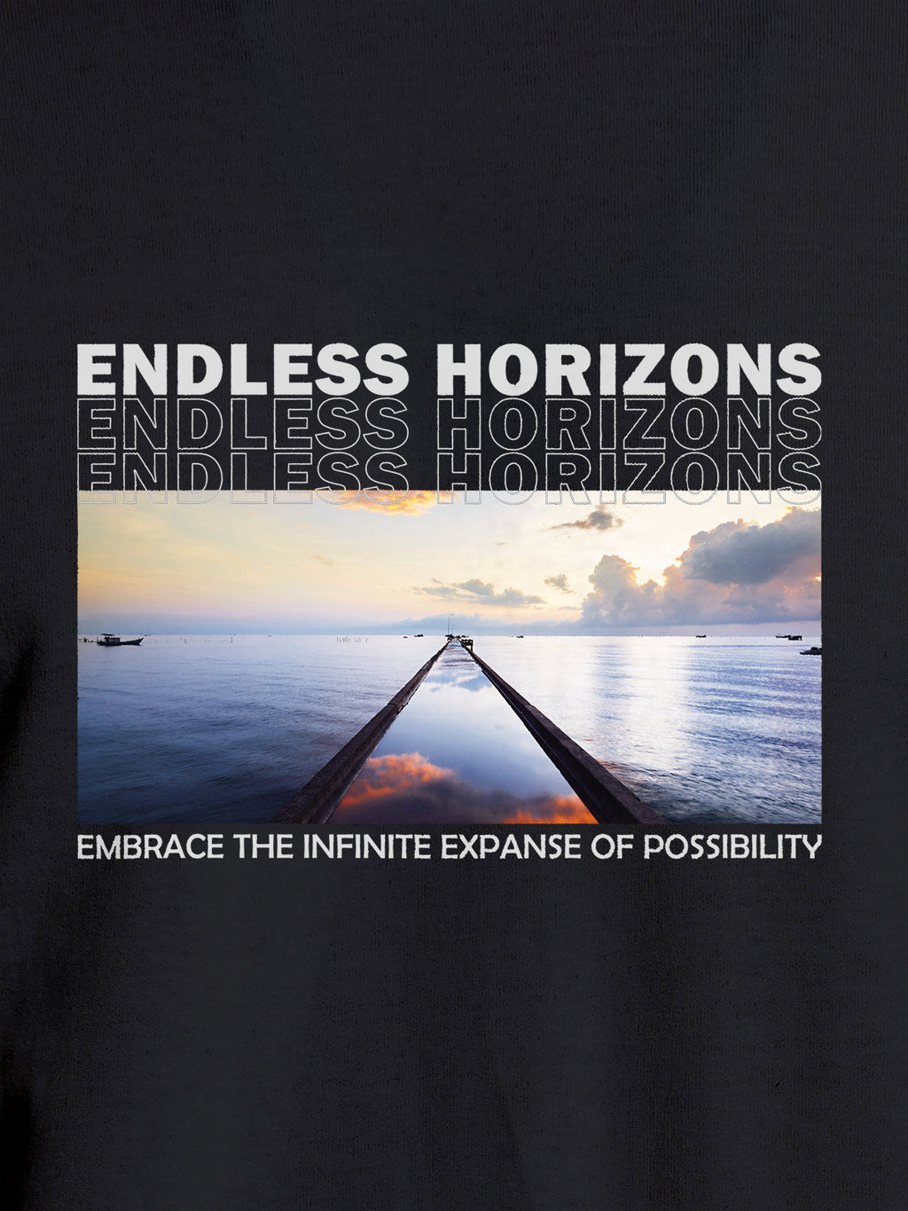 Close up of 'Endless Horizons' design on Women's Dark Grey Round Neck T-shirt, highlighting intricate details and vibrant print.