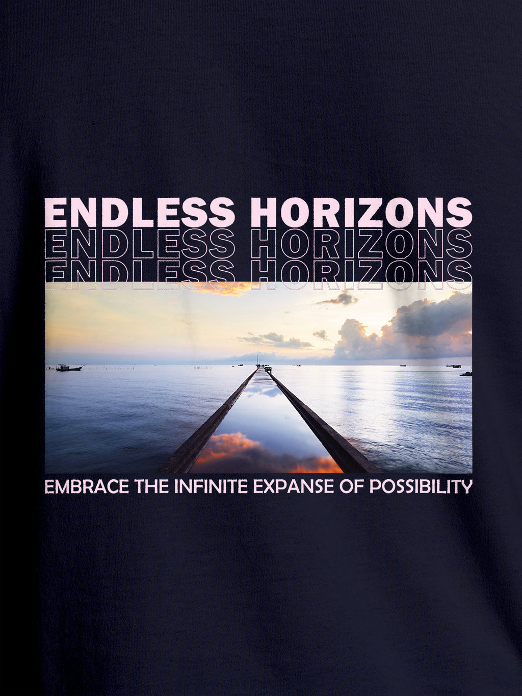 Close up of 'Endless Horizons' design on Men's Navy Blue Round Neck T-shirt, highlighting intricate details and vibrant print.