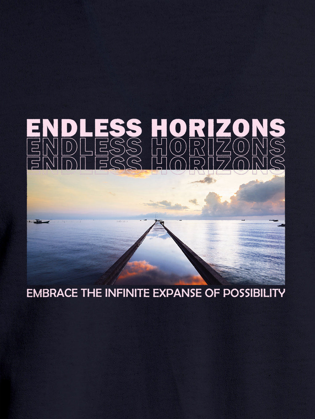 Close up of 'Endless Horizons' design on Women's Navy Blue Round Neck T-shirt, highlighting intricate details and vibrant print.