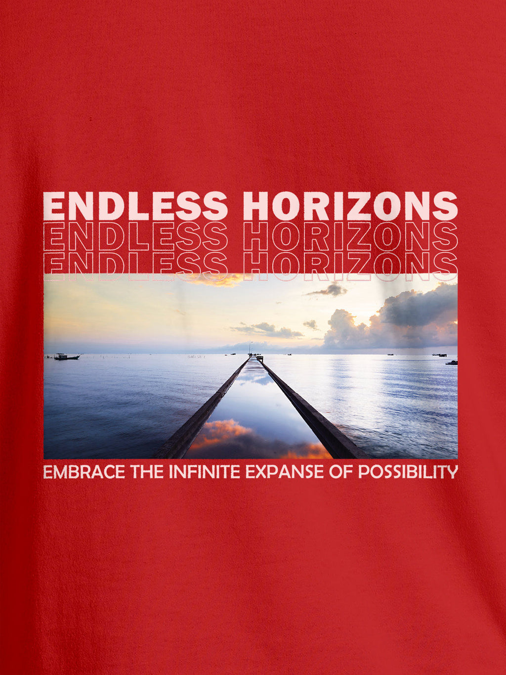 Close up of 'Endless Horizons' design on Men's Red Round Neck T-shirt, highlighting intricate details and vibrant print.