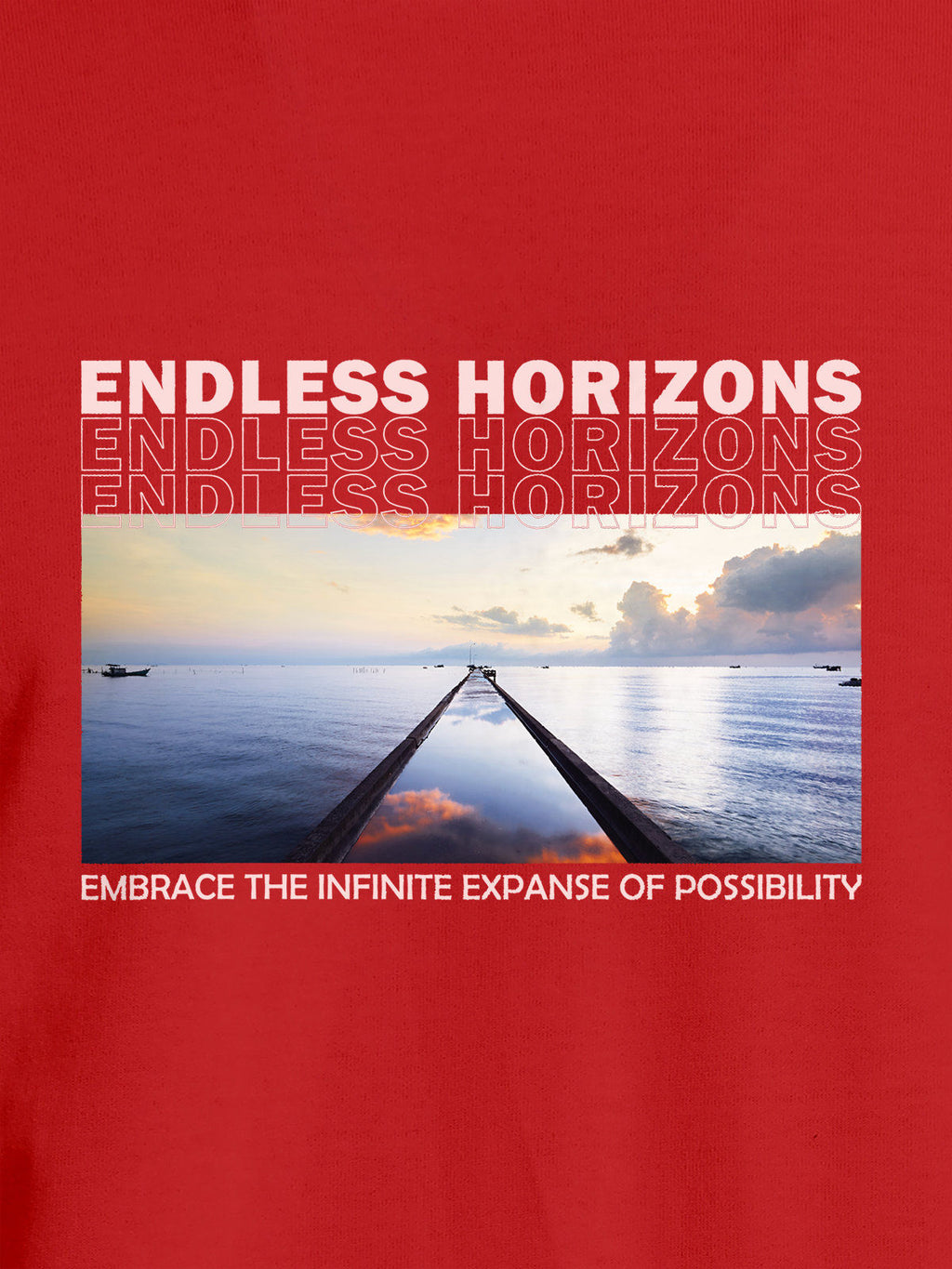 Close up of 'Endless Horizons' design on Women's Red Round Neck T-shirt, highlighting intricate details and vibrant print.