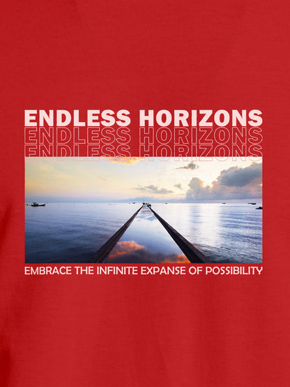 Close up of 'Endless Horizons' design on Women's Red Round Neck T-shirt, highlighting intricate details and vibrant print.