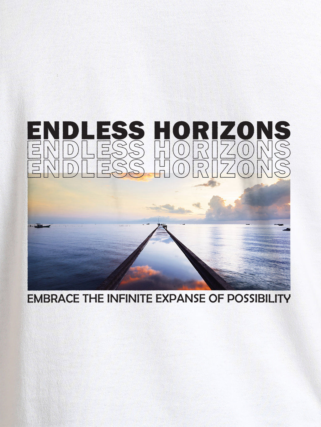 Close up of 'Endless Horizons' design on Men's White Round Neck T-shirt, highlighting intricate details and vibrant print.
