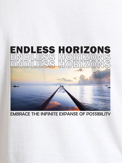 Close up of 'Endless Horizons' design on Men's White Round Neck T-shirt, highlighting intricate details and vibrant print.