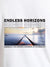 Close up of 'Endless Horizons' design on Men's White Round Neck T-shirt, highlighting intricate details and vibrant print.