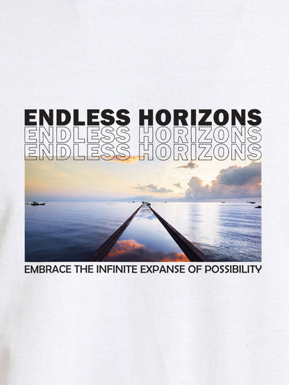 Close up of 'Endless Horizons' design on Women's White Round Neck T-shirt, highlighting intricate details and vibrant print.