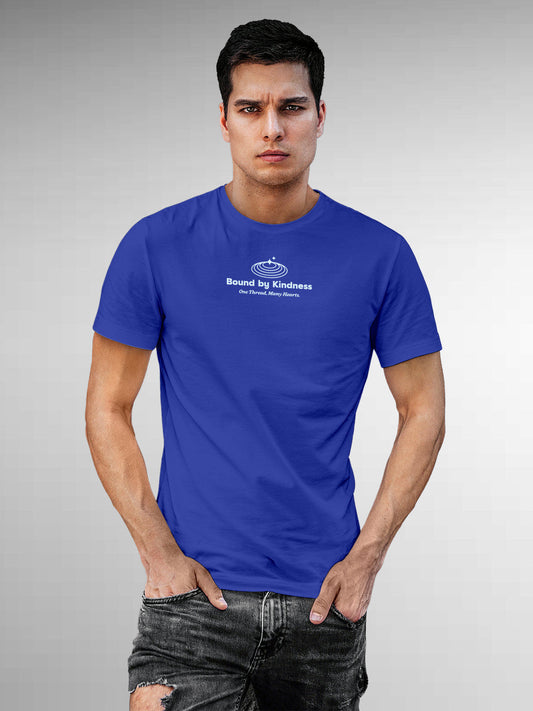 Model wearing Men's Blue Round Neck T-shirt with 'Bound By Kindness' design, offering effortless style and premium comfort