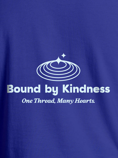 Close up of 'Bound By Kindness' design on Men's Blue Round Neck T-shirt, highlighting intricate details and vibrant print.