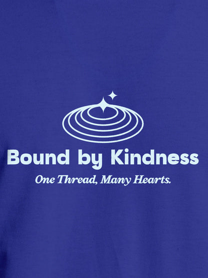 Close up of 'Bound By Kindness' design on Women's Blue Round Neck T-shirt, highlighting intricate details and vibrant print.