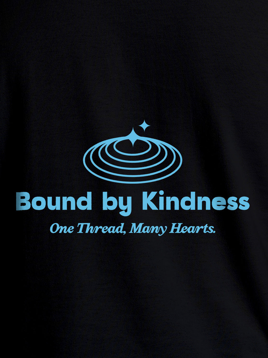 Close up of 'Bound By Kindness' design on Men's Black Round Neck T-shirt, highlighting intricate details and vibrant print.
