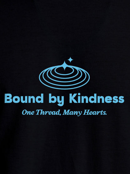 Close up of 'Bound By Kindness' design on Women's Black Round Neck T-shirt, highlighting intricate details and vibrant print.