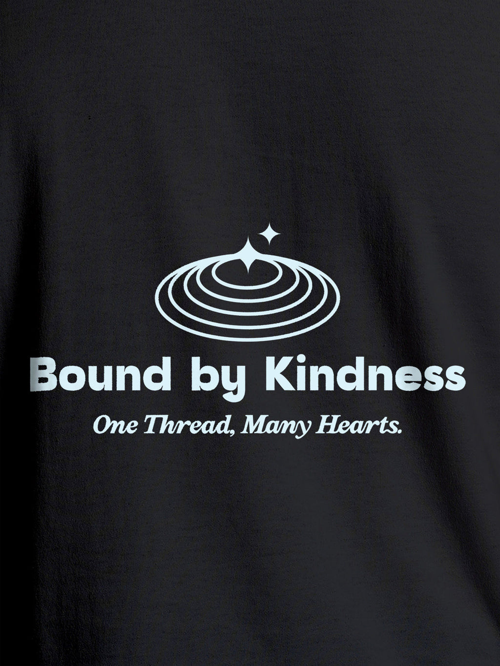 Close up of 'Bound By Kindness' design on Men's Dark Grey Round Neck T-shirt, highlighting intricate details and vibrant print.