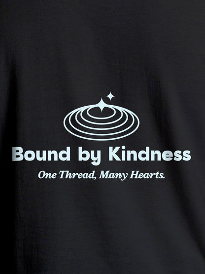 Close up of 'Bound By Kindness' design on Men's Dark Grey Round Neck T-shirt, highlighting intricate details and vibrant print.