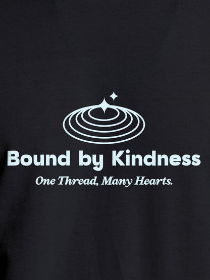 Close up of 'Bound By Kindness' design on Women's Dark Grey Round Neck T-shirt, highlighting intricate details and vibrant print.