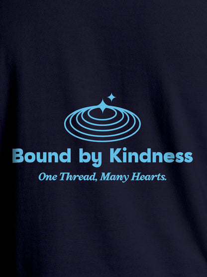 Close up of 'Bound By Kindness' design on Men's Navy Blue Round Neck T-shirt, highlighting intricate details and vibrant print.