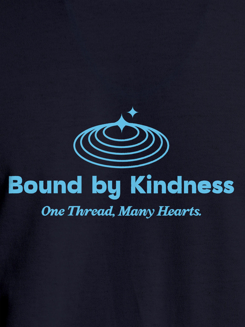 Close up of 'Bound By Kindness' design on Women's Navy Blue Round Neck T-shirt, highlighting intricate details and vibrant print.