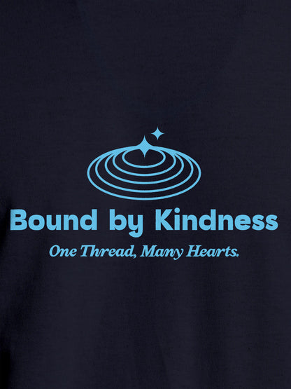 Close up of 'Bound By Kindness' design on Women's Navy Blue Round Neck T-shirt, highlighting intricate details and vibrant print.