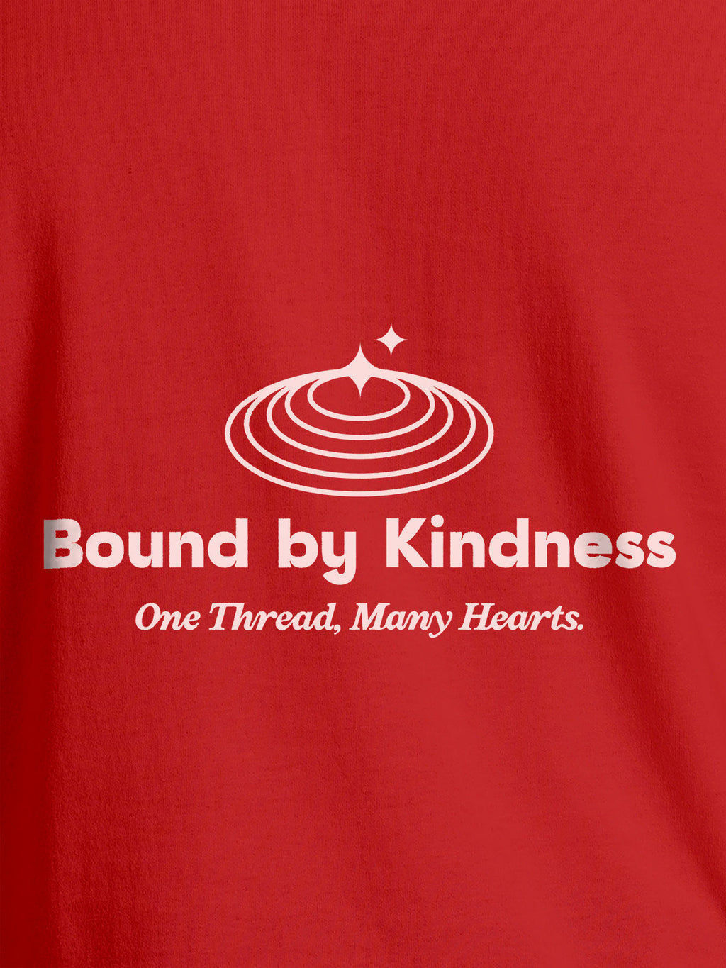 Close up of 'Bound By Kindness' design on Men's Red Round Neck T-shirt, highlighting intricate details and vibrant print.