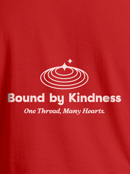 Close up of 'Bound By Kindness' design on Men's Red Round Neck T-shirt, highlighting intricate details and vibrant print.