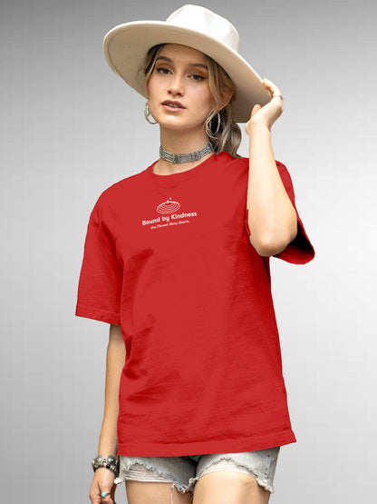 Model wearing Women's Red Round Neck T-shirt with 'Bound By Kindness' design, offering effortless style and premium comfort